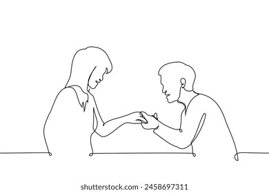 woman showing ring to man or engagement - one line art vector. concept heterosexual couple in love, a man admires his friend's engagement ring.  Handmade vector not AI