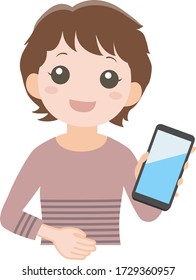 A woman showing a smartphone.