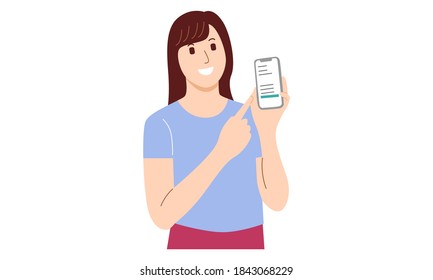Woman showing smartphone and pointing towards that