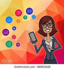Woman showing smartphone screen app for network. Woman presentation of mobile application, startup. Vector cloud service, social network and technology of network. Mobile hackathon and network