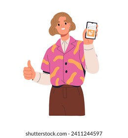 Mujer mostrando la pantalla del smartphone, aplicación de medios sociales. Feliz mujer sosteniendo el teléfono móvil en mano, recomendando publicaciones en la red, le gusta el contenido en línea. Ilustración vectorial plana aislada en fondo blanco