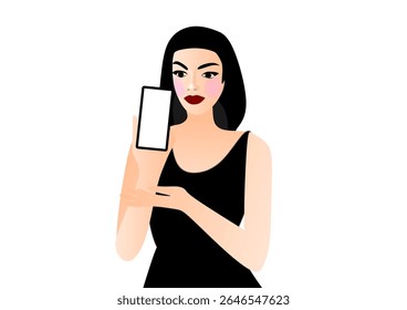 Woman showing smartphone with white screen, brunette business woman, template with phone