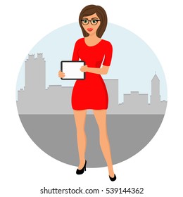 Woman showing something displayed on tablet pc. Girl with tablet. 