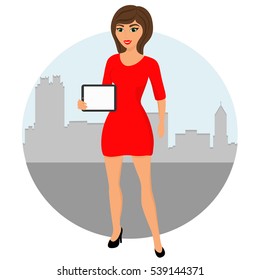 Woman showing something displayed on tablet pc.
Girl with tablet. 
