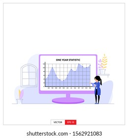 a woman is showing statistics of business growth going up and down for a year on a monitor. Vector illustration flat design style.