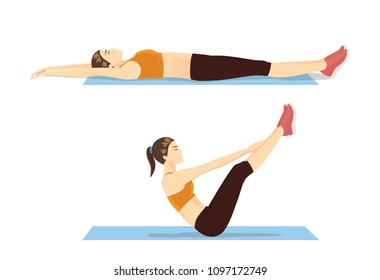 Mujer mostrando un paso de entrenamiento abdominal con ejercicio de v-ups. Ilustración sobre movimientos correctos para la aptitud.