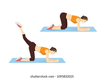 Woman showing step of thigh and hip workout with reverse leg lift. Illustration about lower body exercise for lean and strong.