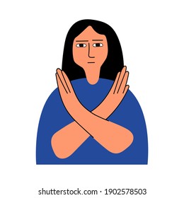Woman showing stop gesture, crossing hands. Illustration on white background.
