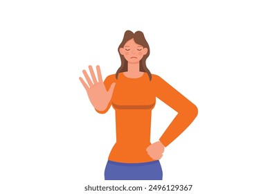 Woman showing stop gesture with hand character vector design. Flat illustration style.