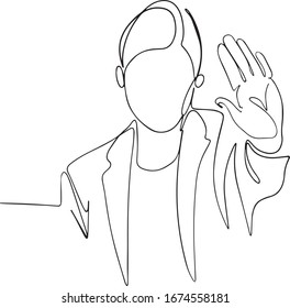 woman showing stop gesture one line vector drawing   business woman standing isolated over beige wall background showing thumbs gesture illustration 