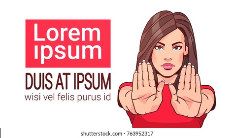 Woman Showing Stop Sign With Raised Hand Portrait Female No Gesture On White Background Vector Illustration