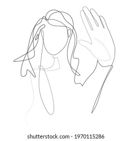 Woman is showing stop violence gesture. Black and white one line vector drawing. Vector illustration. NO sign. Girl showing a stop sign with her hand