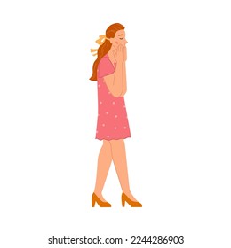 Mujer mostrando sorpresa y emoción. Las emociones positivas de la encantadora dama, la emotiva muchacha encantada y gratamente sorprendida. Caricatura, vector en plano