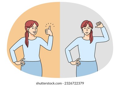 Woman showing thumb up and down for approval or disapproval. Female demonstrate like and dislike for service or product. Client feedback. Vector illustration.