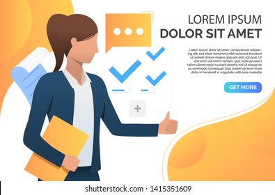 Woman showing thumb up and recommending business product. Representative, recommendation concept. Presentation slide template. Vector illustration for topics like business, marketing, advertisement