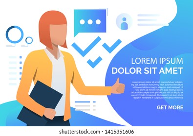 Woman showing thumb up, recommending business product. Representative, promotion concept. Presentation slide template. Vector illustration for topics like business, marketing, advertisement