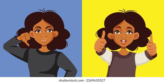 
Woman Showing Thumbs up and Thumbs Down Gesture Vector Cartoon. Girl of black ethnicity showing support and disagreement 
