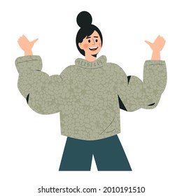Woman showing thumbs up sign. Attractive young girl giving a thumb up. Like sign, joy, approval, happiness concept. Success and goal achievement of female character. Flat vector cartoon illustration