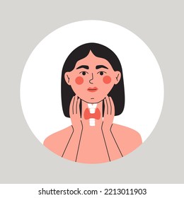Woman showing thyroid gland on her neck. Endocrinology system symbol, organ responsible for hormone production. Flat vector isolated illustration.