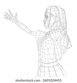 A woman is shown in a black and white drawing, with her arms outstretched. The drawing is of a skeleton, and the woman is wearing a school uniform. Scene is one of sadness or despair