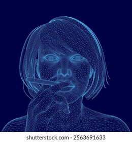 Woman is shown in a blue image with a cigarette in her mouth. The image is a digital rendering of a woman's face, and the cigarette is positioned in her mouth. Scene is somewhat dark