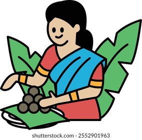 A woman is shown in a drawing, wearing a blue sari and holding a plate of food. Scene is cheerful and lighthearted, as the woman is smiling and he is enjoying her meal