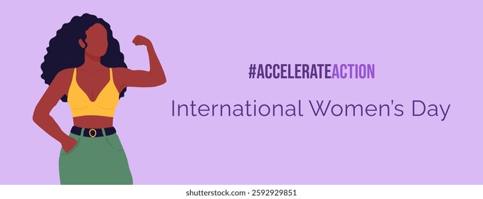A woman is shown with her arms raised in the air, and the words "International Women's Day" are written below her