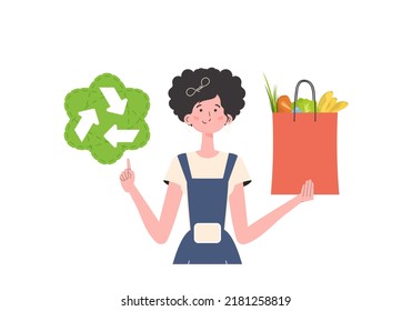 The woman is shown waist-deep and holding a bag of healthy food in her hands and showing the EKO icon. Isolated. Flat trendy style. Vector.