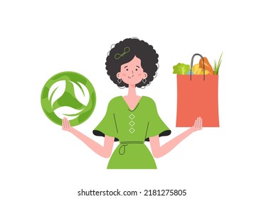 The woman is shown waist-deep and holding a bag of healthy food in her hands and showing the EKO icon. Isolated. Trend style, vector illustration.