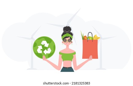 The woman is shown waist-deep holding an EKO icon and a package of proper nutrition. Healthy food, ecology, recycling and zero waste concept. Trend vector illustration.