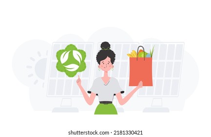 The woman is shown waist-deep holding an EKO icon and a package of proper nutrition. The concept of ecology, zero waste and healthy eating. Flat trendy style. Vector.