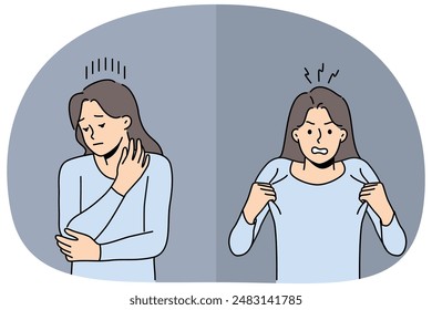 Woman shows anger and insecurity demonstrate emotions after receiving news of boyfriend infidelity. Two girls with different emotions and mental states need psychological support service