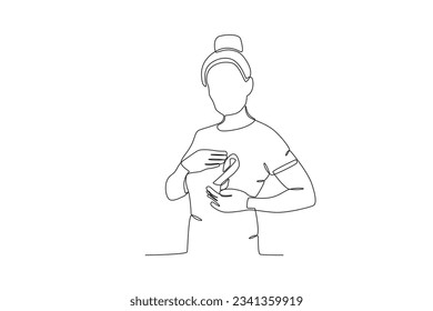 A woman shows a breast health support ribbon. Breast cancer awareness month one-line drawing