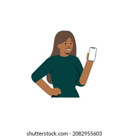 Woman shows cell phone vector illustration. Flat female character - young woman wearing green dress - showing blank smartphone screen. Mockup, advertisement, confirmation concept.