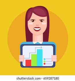 Woman shows a chart on a tablet. Flat Vector Illustration