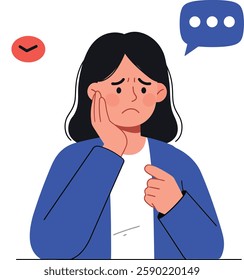 The woman shows concern while holding her face.