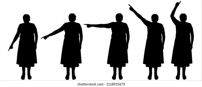 The woman shows the direction of the hand in different directions. Raising a woman's hand from the bottom up. Legs without movement, standing still. Front view. Five silhouettes isolated on white.
