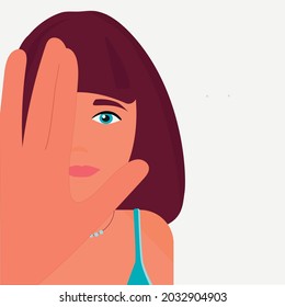 Woman Shows With A Gesture To Stop Psychological And Physical Abuse. The Concept Of Protecting The Rights Of Girls. Vector Flat Illustration.