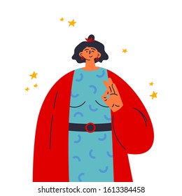 Woman shows hand sign ok.Fingers show okay,hand gesture.Lucky sign.Gesture language.Dress with pattern.Everything will be fine.Template design.Flat vector illustration.Colorful cartoon characters.