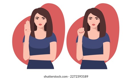 A woman shows a hand sign that she needs help. Signal of domestic violence. Ask for help in a difficult situation, a threat to life. The concept of domestic violence.