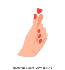 The woman shows the heart symbol with her fingers. Korean set of heart finger gestures. Heart finger symbol, a popular Korean gesture in the shape of a heart, to express love and affection. Vector. 