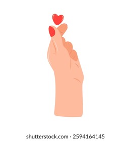 The woman shows the heart symbol with her fingers. Korean set of heart finger gestures. Heart finger symbol, a popular Korean gesture in the shape of a heart, to express love and affection. Vector. 