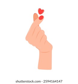 The woman shows the heart symbol with her fingers. Korean set of heart finger gestures. Heart finger symbol, a popular Korean gesture in the shape of a heart, to express love and affection. Vector. 