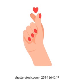 The woman shows the heart symbol with her fingers. Korean set of heart finger gestures. Heart finger symbol, a popular Korean gesture in the shape of a heart, to express love and affection. Vector. 