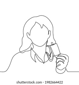 woman shows her badge, which hangs around her neck - one line drawing. concept correspondent with badge, accredited journalist or photographer at the event