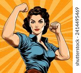 Woman shows her biceps, demonstrating her feminine strength. Gender equality concept. Vector illustration in comic style