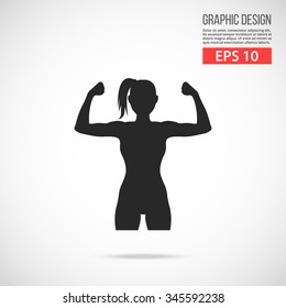 Woman shows her muscles logo. Power black pictogram. Modern flat design vector illustration, new concept for web banner, web site, infographics. Vector icon graphic art isolated on gradient background