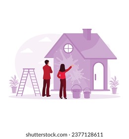 The woman shows the house that will be renovated to the contractor. Home Renovation concept. Trend Modern vector flat illustration