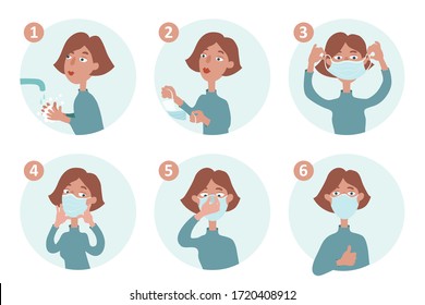 A woman shows how to wear a facial single-use medical mask. Cartoon hand-drawn instructions. Set of illustrations isolated on a white background.