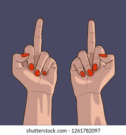 Woman shows middle finger with red fingernails. Fuck you. Middle finger sign and red manicure. 
